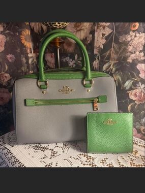 Coach Gray Leather Satchel with Green Trim and Matching Wallet